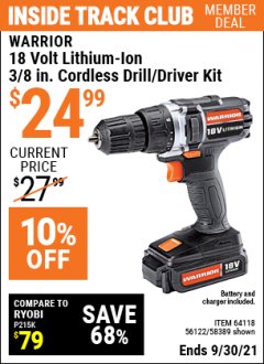 Harbor Freight ITC Coupon WARRIOR 18V LITHIUM-ION, 3/8 IN. CORDLESS DRILL KIT Lot No. 56122/64118 Expired: 9/30/21 - $24.99