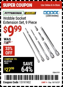 Harbor Freight Coupon PITTSBURGH WOBBLE SOCKETC EXTENSION SET, 9 PC. Lot No. 61278/67971 Expired: 10/13/22 - $9.99