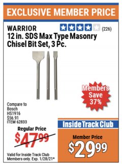 Harbor Freight ITC Coupon WARRIOR 12 IN. SDS MAX TYPE MASONRY CHISEL BIT SET, 3 PC. Lot No. 62833 Expired: 1/28/21 - $29.99