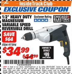 Harbor Freight ITC Coupon 1/2" LOW SPEED ELECTRIC DRILL Lot No. 97594 Expired: 9/30/18 - $34.99