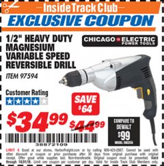 Harbor Freight ITC Coupon 1/2" LOW SPEED ELECTRIC DRILL Lot No. 97594 Expired: 10/31/18 - $34.99