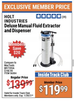 Harbor Freight ITC Coupon HOLT DELUXE MANUAL FLUID EXTRACTOR AND DISPENSER Lot No. 56384 Expired: 1/28/21 - $119.99