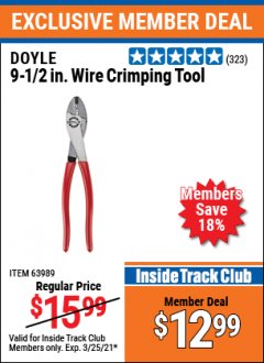 Harbor Freight ITC Coupon DOYLE 9 1/2" WIRE CRIMPING TOOL Lot No. 63989 Expired: 3/25/21 - $12.99
