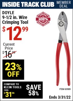 Harbor Freight ITC Coupon DOYLE 9 1/2" WIRE CRIMPING TOOL Lot No. 63989 Expired: 3/31/22 - $12.99