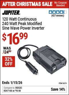 Harbor Freight Coupon JUPITER 120 WATT CONTINUOUS/240 WATT PEAK MODIFIED SINE WAVE POWER INVERTER Lot No. 56574 Valid Thru: 1/15/26 - $16.99