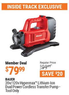 Harbor Freight ITC Coupon BAUER 20V/120V HYPERMAX™ LITHIUM-ION DUAL POWER CORDLESS TRANSFER PUMP - TOOL ONLY Lot No. 56733 Expired: 4/29/21 - $79.99