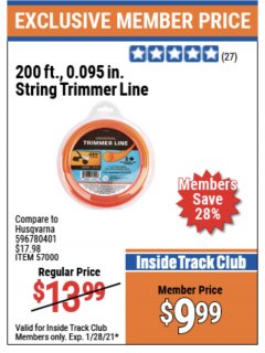 Harbor Freight ITC Coupon 200 FT., 0.095 IN. STRING TRIMMER LINE Lot No. 57000 Expired: 1/28/21 - $9.99