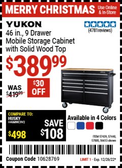 Harbor Freight Coupon YUKON 46" 9 DRAWER MOBILE STORAGE CABINET WITH SOLID WOOD TOP Lot No. 57439/57449/56613 Expired: 12/26/22 - $389.99