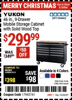 Harbor Freight Coupon YUKON 46" 9 DRAWER MOBILE STORAGE CABINET WITH SOLID WOOD TOP Lot No. 57439/57449/56613 Expired: 12/24/23 - $299.99