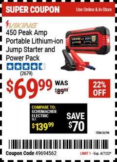 Harbor Freight Coupon VIKING JUMP STARTER AND POWER PACK Lot No. 62749/64412/56798 Expired: 4/7/22 - $69.99