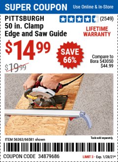 Harbor Freight Coupon PITTSBURGH 50" CLAMP EDGE AND SAW GUIDE Lot No. 56363/66581 Expired: 1/28/21 - $14.99