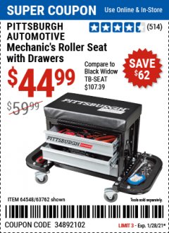 Harbor Freight Coupon PITTSBURGH AUTOMOTIVE MECHANICS ROLLER SEAT WITH DRAWERS Lot No. 64548/63762 Expired: 1/28/21 - $44.99