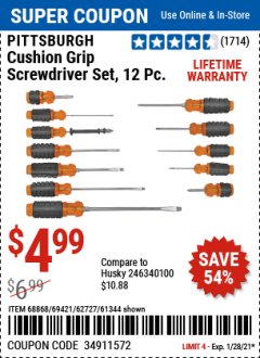 Harbor Freight Coupon PITTSBURGH CUSHION GRIP SCREWDRIVER SET, 12 PC Lot No. 68868/69421/62727/61344 Expired: 1/28/21 - $4.99