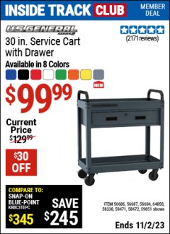 Harbor Freight ITC Coupon 30 IN SERVICE CART WITH DRAWER Lot No. 56606/56607/58338/58471/58472/64058/56604 Expired: 11/2/23 - $99.99