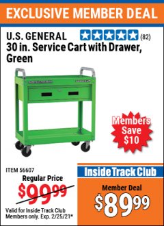 Harbor Freight ITC Coupon 30 IN SERVICE CART WITH DRAWER, GREEN Lot No. 56607 Expired: 2/25/21 - $89.99