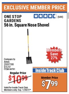 Harbor Freight ITC Coupon 56" SQUARE NOSE SHOVEL Lot No. 69791/3986 Expired: 1/28/21 - $7.99