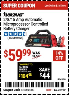 Harbor Freight Coupon VIKING 2/8/15 AMP ATOMATIC MICROPROCESSOR CONTROLLED BATTERY CHARGER Lot No. 56796 Expired: 7/17/22 - $59.99