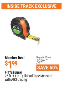 Harbor Freight ITC Coupon PITTSBURGH 25FT. X 1IN. QUIKFIND TAPE MEASURE WITH ABS CASING Lot No. 69030 Expired: 4/29/21 - $1.99