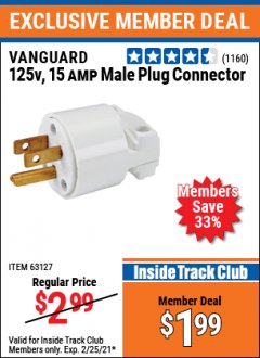 Harbor Freight ITC Coupon VANGUARD 125V, 15A MALE PLUG CONNECTOR Lot No. 63127 Expired: 2/25/21 - $1.99