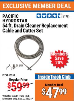 Harbor Freight ITC Coupon PACIFIC HYDROSTAR 54FT. DRAIN CLEANER REPLACEMENT CABLE AND CUTTER SET Lot No. 63269 Expired: 2/25/21 - $47.99