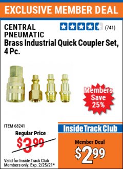 Harbor Freight ITC Coupon CENTRAL PNEUMATIC BRASS INDUSTRIAL QUICK COUPLER SET, 4PC. Lot No. 68241 Expired: 2/25/21 - $2.99