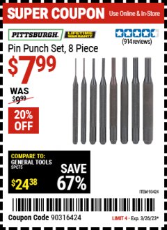Harbor Freight Coupon PITTSBURGH PIN PUNCH SET, 8PC Lot No. 93424 Expired: 3/26/23 - $7.99