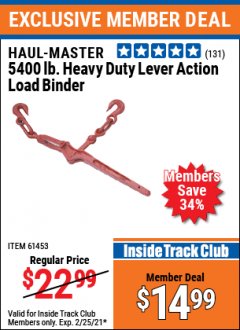 Harbor Freight ITC Coupon HAUL-MASTER 5400LB. HEAVY DUTY LEVER ACTION LOAD BINDER Lot No. 61453 Expired: 2/25/21 - $14.99