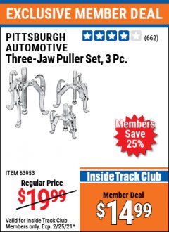 Harbor Freight ITC Coupon PITTSBURGH AUTOMOTIVE THREE-JAW PULLER SET, 3PC. Lot No. 63953 Expired: 2/25/21 - $14.99