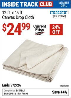 Harbor Freight Coupon 12 X 15 CANVAS DROP CLOTH Lot No. 57133 Valid: 12/31/69 - 7/2/26 - $24.99