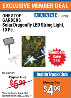 Harbor Freight ITC Coupon ONE STOP GARDENS SOLAR DRAGONFLY LED STRING LIGHT, 10PC. Lot No. 62689 Expired: 2/25/21 - $4.99