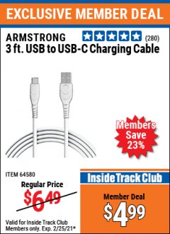 Harbor Freight ITC Coupon ARMSTRONG 3FT. USB TO USB-C CHARGING CABLE Lot No. 64580 Expired: 2/25/21 - $4.99