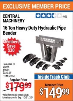 Harbor Freight ITC Coupon 16 TON HYDRAULIC PIPE BENDER Lot No. 35336/62669 Expired: 10/31/20 - $149.99