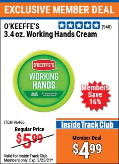 Harbor Freight ITC Coupon O'KEEFFE'S 3.4 OZ. WORKING HANDS CREAM Lot No. 96466 Expired: 2/25/21 - $4.99