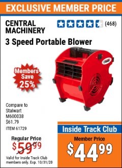 Harbor Freight ITC Coupon 3 SPEED PORTABLE BLOWER Lot No. 61729/93231/69721 Expired: 10/31/20 - $44.99