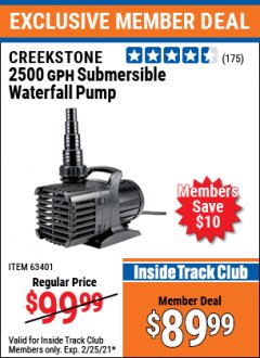 Harbor Freight ITC Coupon CREEKSTONE 2500 GPH SUBMERSIBLE WATERFALL PUMP Lot No. 63401 Expired: 2/25/21 - $89.99