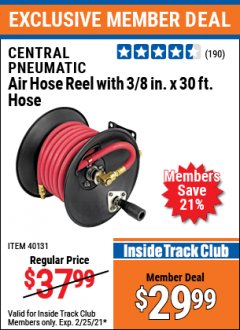 Harbor Freight ITC Coupon CENTRAL PNEUMATIC AIR HOSE REEL WITH 3/8 IN. X 30 FT. HOSE Lot No. 40131 Expired: 2/25/21 - $29.99
