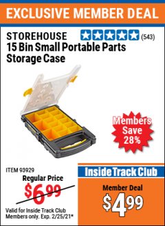 Harbor Freight ITC Coupon STOREHOUSE 15 BIN SMALL PORTABLE PARTS STORAGE CASE Lot No. 93929 Expired: 2/25/21 - $4.99