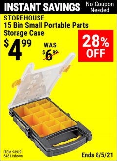 Harbor Freight Coupon STOREHOUSE 15 BIN SMALL PORTABLE PARTS STORAGE CASE Lot No. 93929 Expired: 8/5/21 - $4.99