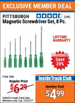 Harbor Freight ITC Coupon PITTSBURGH MAGNETIC SCREWDRIVER SET, 8 PC. Lot No. 7386 Expired: 2/25/21 - $4.99