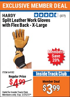 Harbor Freight ITC Coupon HARDY SPLIT LEATHER WORK GLOVES WITH FLEX BACK - X-LARGE Lot No. 66610 Expired: 2/25/21 - $3.99