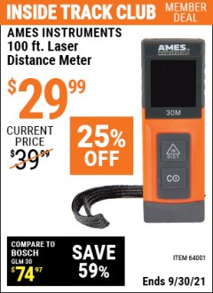 Harbor Freight ITC Coupon AMES 100 FT. LASER DISTANCE METER Lot No. 64001 Expired: 9/30/21 - $29.99