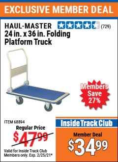 Harbor Freight ITC Coupon HAUL-MASTER 24IN. X 36 IN. FOLDING PLATFORM TRUCK Lot No. 68894 Expired: 2/25/21 - $34.99