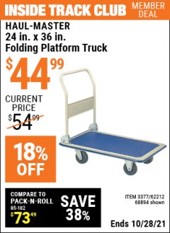 Harbor Freight ITC Coupon HAUL-MASTER 24IN. X 36 IN. FOLDING PLATFORM TRUCK Lot No. 68894 Expired: 10/28/21 - $44.99