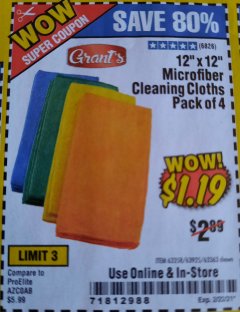 Harbor Freight Coupon 12" X 12" MICROFIBER CLEANING CLOTHS PACK OF 4 Lot No. 63358/63925/63363 Expired: 2/22/21 - $1.19