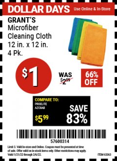 Harbor Freight Coupon 12" X 12" MICROFIBER CLEANING CLOTHS PACK OF 4 Lot No. 63358/63925/63363 Expired: 2/6/22 - $1