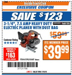Harbor Freight ITC Coupon 3-1/4" HEAVY DUTY ELECTRIC PLANER WITH DUST BAG Lot No. 61393/95838/61687 Expired: 7/10/18 - $39.99