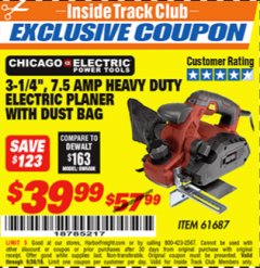 Harbor Freight ITC Coupon 3-1/4" HEAVY DUTY ELECTRIC PLANER WITH DUST BAG Lot No. 61393/95838/61687 Expired: 9/30/18 - $39.99