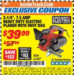 Harbor Freight ITC Coupon 3-1/4" HEAVY DUTY ELECTRIC PLANER WITH DUST BAG Lot No. 61393/95838/61687 Expired: 1/31/19 - $39.99