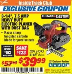 Harbor Freight ITC Coupon 3-1/4" HEAVY DUTY ELECTRIC PLANER WITH DUST BAG Lot No. 61393/95838/61687 Expired: 3/31/20 - $39.99