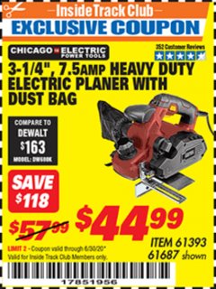 Harbor Freight ITC Coupon 3-1/4" HEAVY DUTY ELECTRIC PLANER WITH DUST BAG Lot No. 61393/95838/61687 Expired: 6/30/20 - $44.99